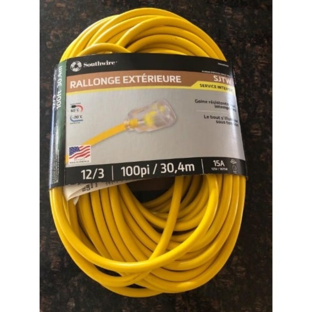 Outdoor Extension Cord, 100 Ft, 12 gauge 3 prong, Heavy Duty, SJTW Cord